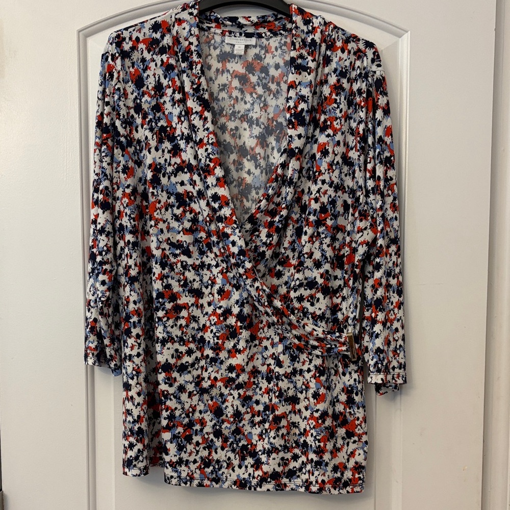 Charter Club Floral Wrap Tunic Blouse in Red, Navy & White. Size 1x
